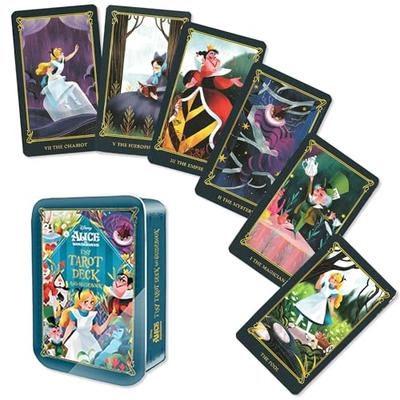[Tin Case Included] Alice In Wonderland Tiny Tarot Deck and Guidebook - Includes Japanese Tarot Reading Instructions. FLATLAND Authentic Tarot Cards,