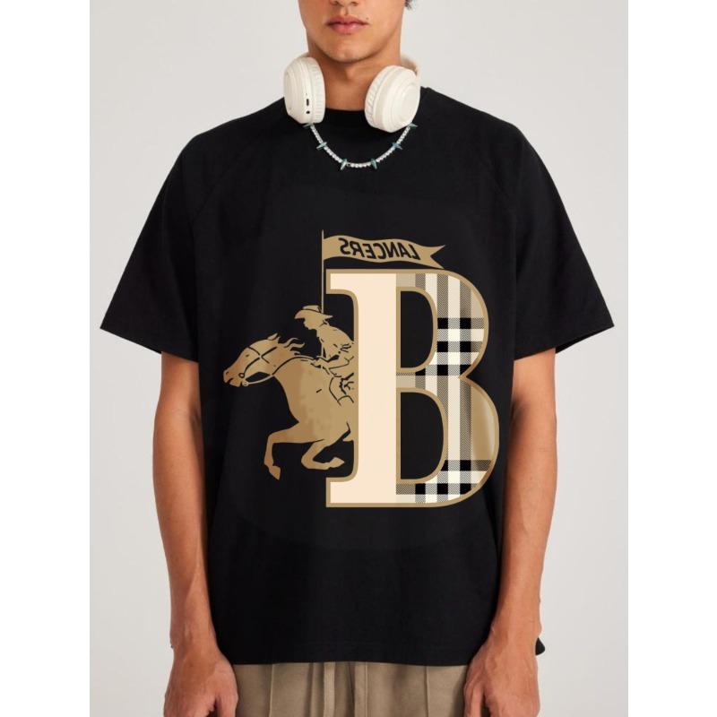 Black T Shirt With Lancers Plaid B Horse Rider Print For Casual Wear
