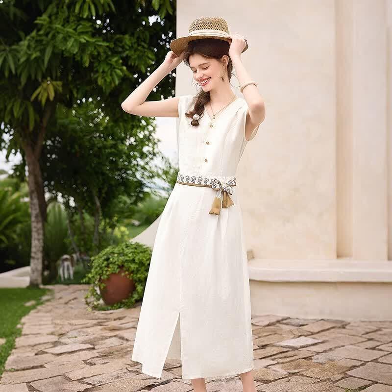 Lyocell Linen V-Neck Sleeveless Midi Dress