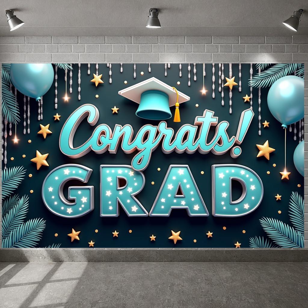 Graduation Ceremony Banner Colorful Balloons Congratulatory Display Grad Party Banner Congrats Lettering Grad Photo Background