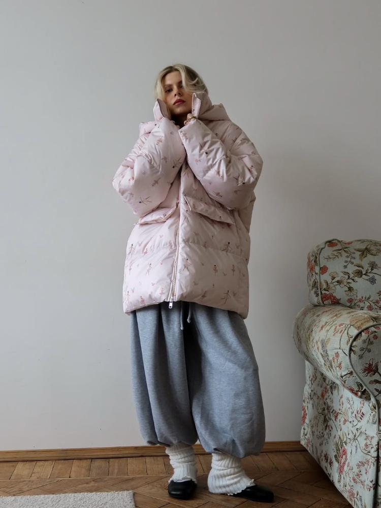 Women's Oversized Stand Up Collar Large Pocket Down Jacket Women's Winter Warm Fashionable Jacket Women's Hooded Printed Down Jacket 2025