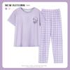 Short-sleeved long pants pajamas women's summer cartoon cute can be worn outside plaid loungewear imitation cotton suit summer thin