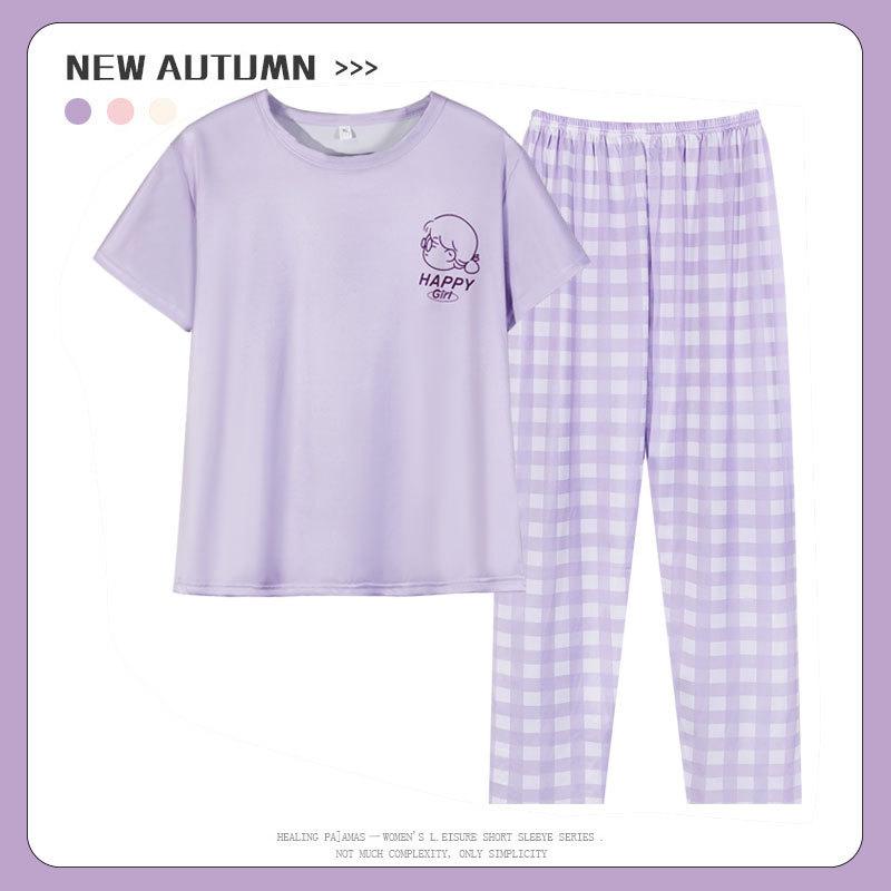 Short-sleeved long pants pajamas women's summer cartoon cute can be worn outside plaid loungewear imitation cotton suit summer thin