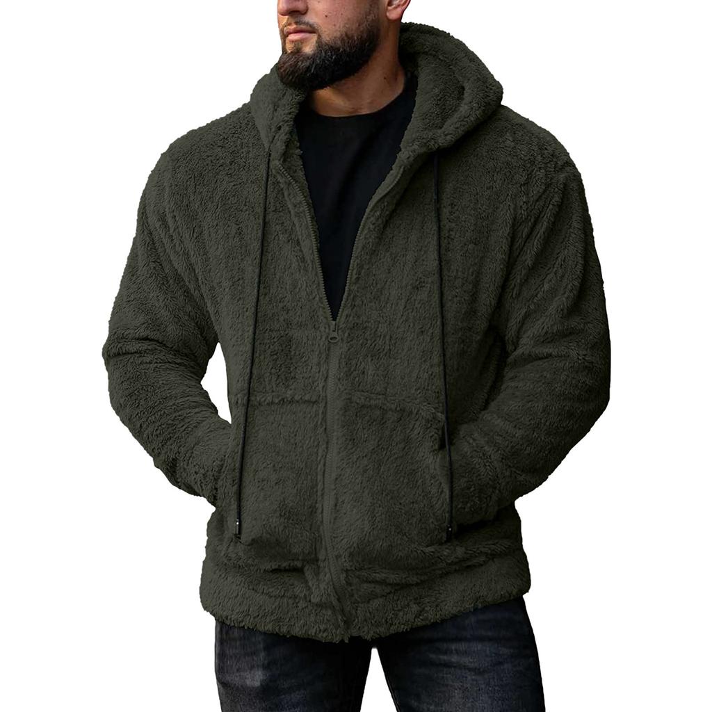 Autumn Men's Plush Cardigan with Hood Solid Color Warm Home Comfort Zipper Jacket