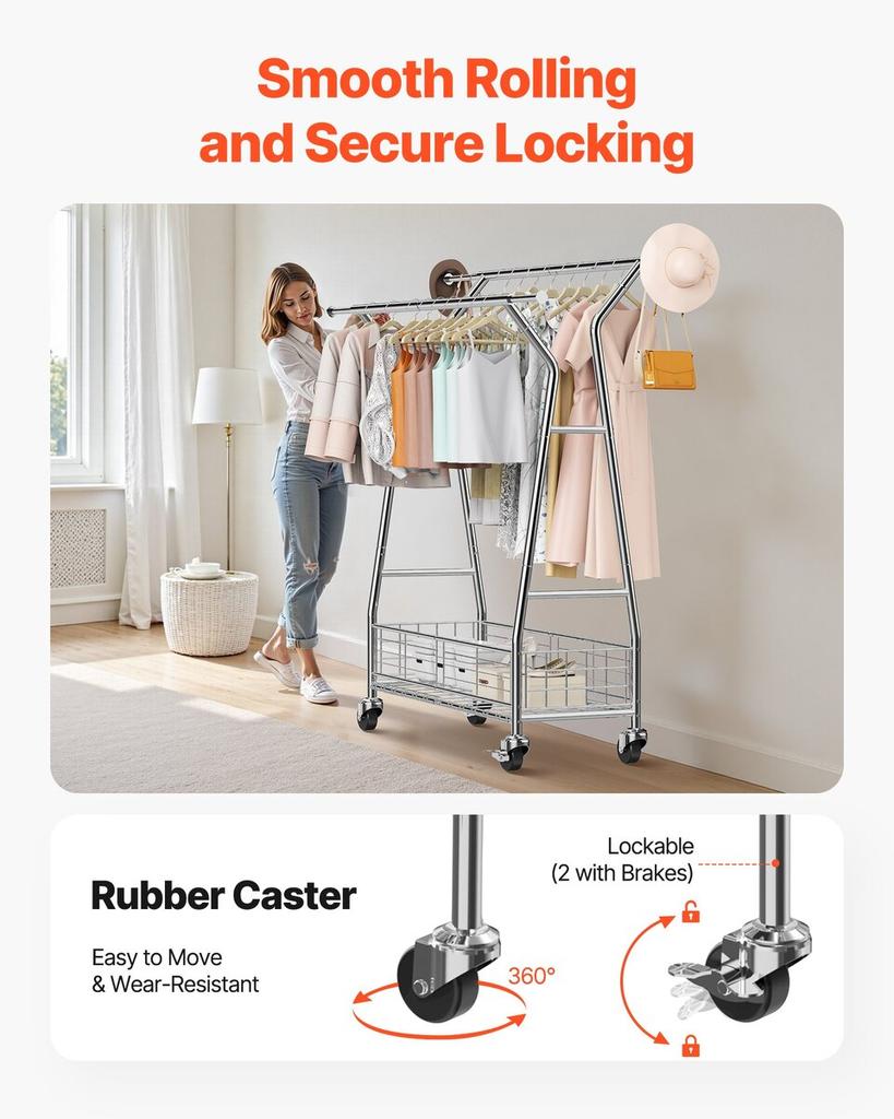 Clothes Rack, Rolling Clothing Garment Rack with 2 Hanging Rods and Storage Basket, 150 kg Load Capacity, Extendable Carbon Steel Clothing Racks with