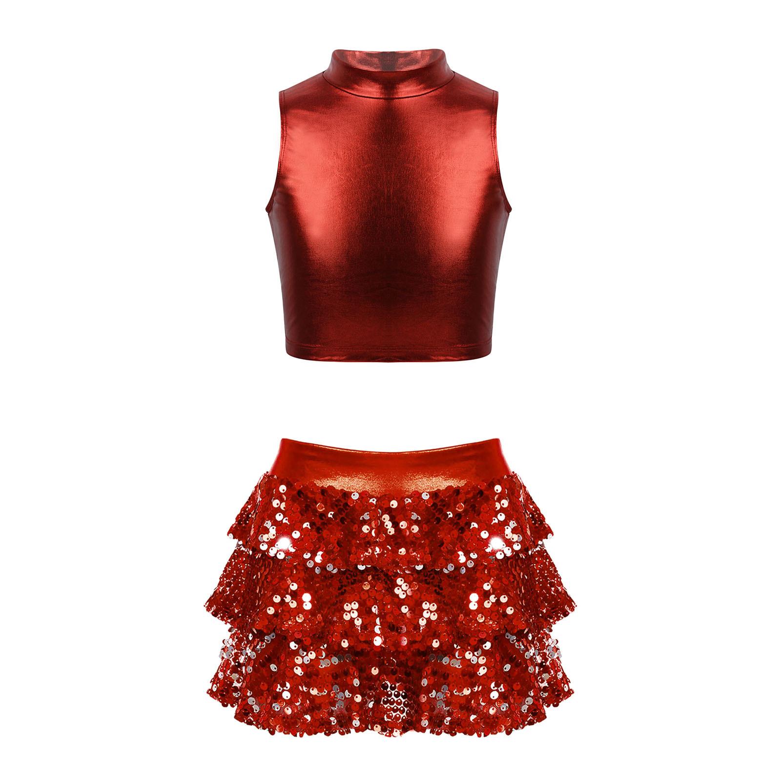 

Дівчачий костюм для виступів Металізований топ без рукавів з коміром-стійкою Кроп-топ Блискучі паєтки Багаторівневі шорти-спідниця з рюшами 9-10 Years червоний