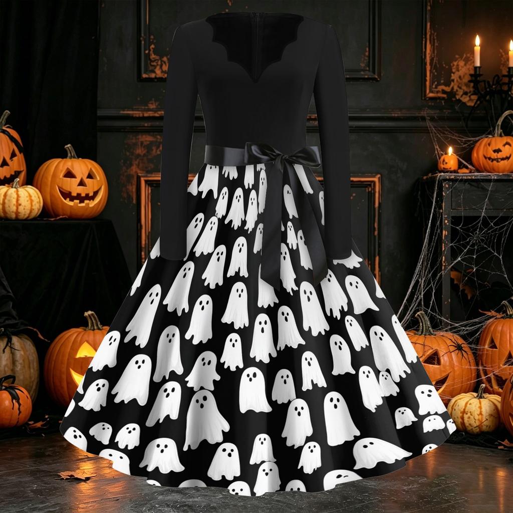Women's Casual Long Sleeve V Neck Vintage Dress Halloween Print A Line Midi Dress with Waist Tie Belt for Everyday Wear