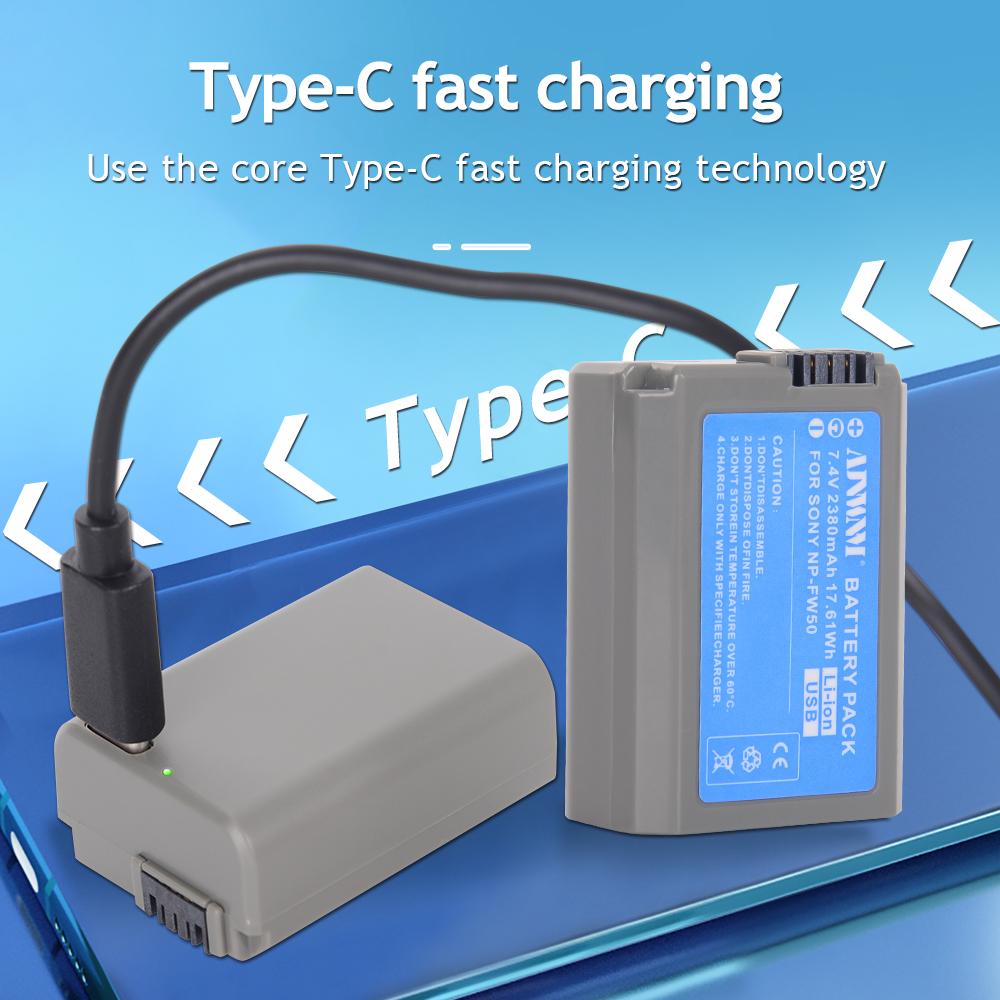 AJNWNM 7.4V 2380mAh USB NP-FW50 NP FW50 NPFW50 Battery for Sony Alpha a 6500a 6300 A6000 A5000 A3000 NEX-3 a7R a7S NEX-7