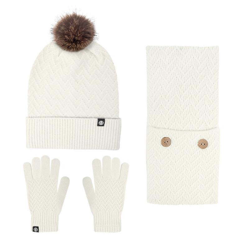 Autumn and winter outdoor cold-proof hairball knitted hat, scarf, gloves three-piece set, warm stack hat three-piece set