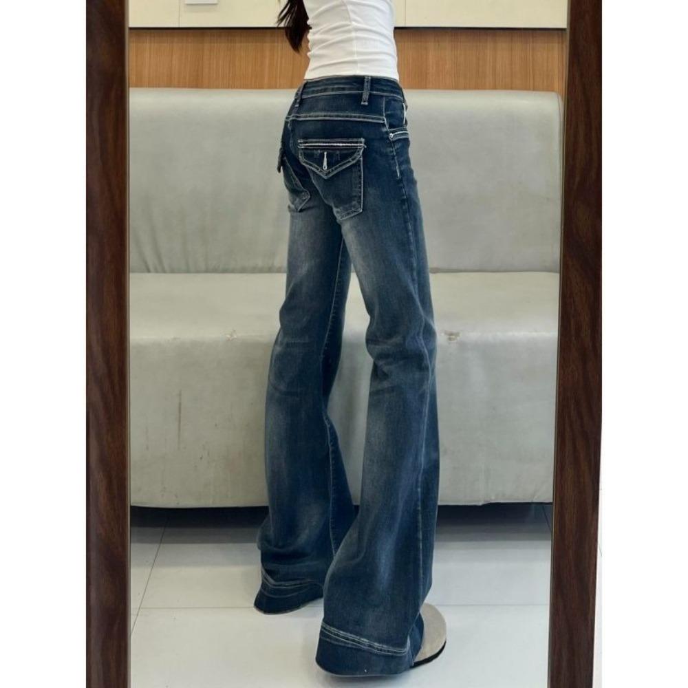 Women's Low Rise Flare Jeans Washed Vintage Slim Fit Casual Denim Pants Streetwear Trousers