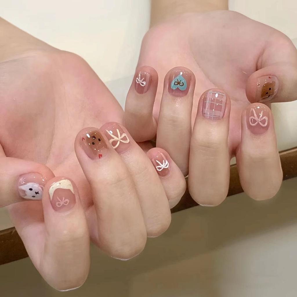 24PCS Short Square False Nails with Glue Wine Red Bow Sweet Polka Dots Patterns Press On Fake Nails Simple Design Hot Girl Nails