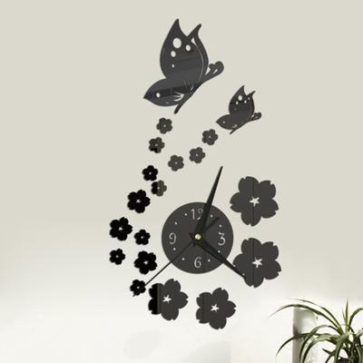 1 Set Wall Clock Self-adhesive Battery Operated Long Pointer 4 Numbers Silent 3D Mirror Butterfly Plum Blossom Art Clock Home Decor