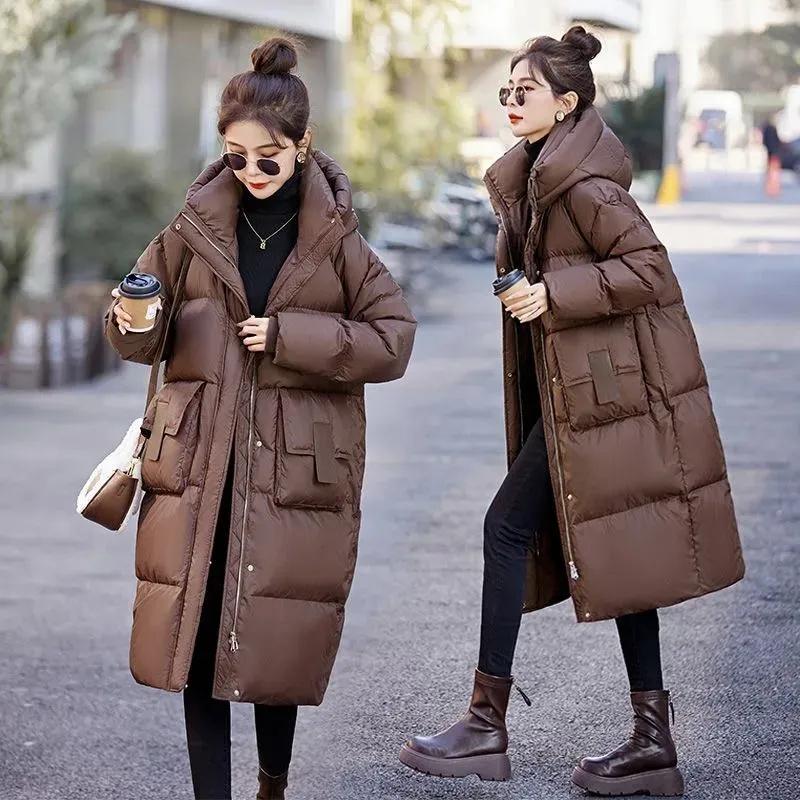Women's Long Down Jacket Knee Length Winter Item Thickened Warm Fashionable Loose Versatile Jacket Women's Solid Color