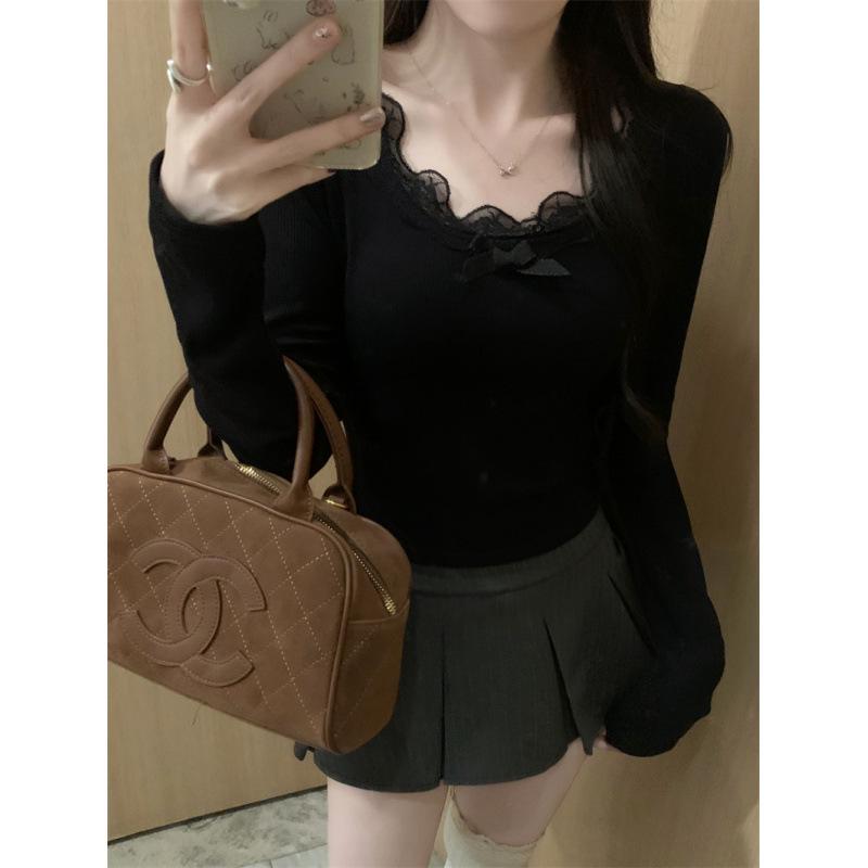 Women's Slim Fit Apricot Lace Low-Neck Long-Sleeve Top - Spring/Autumn Style