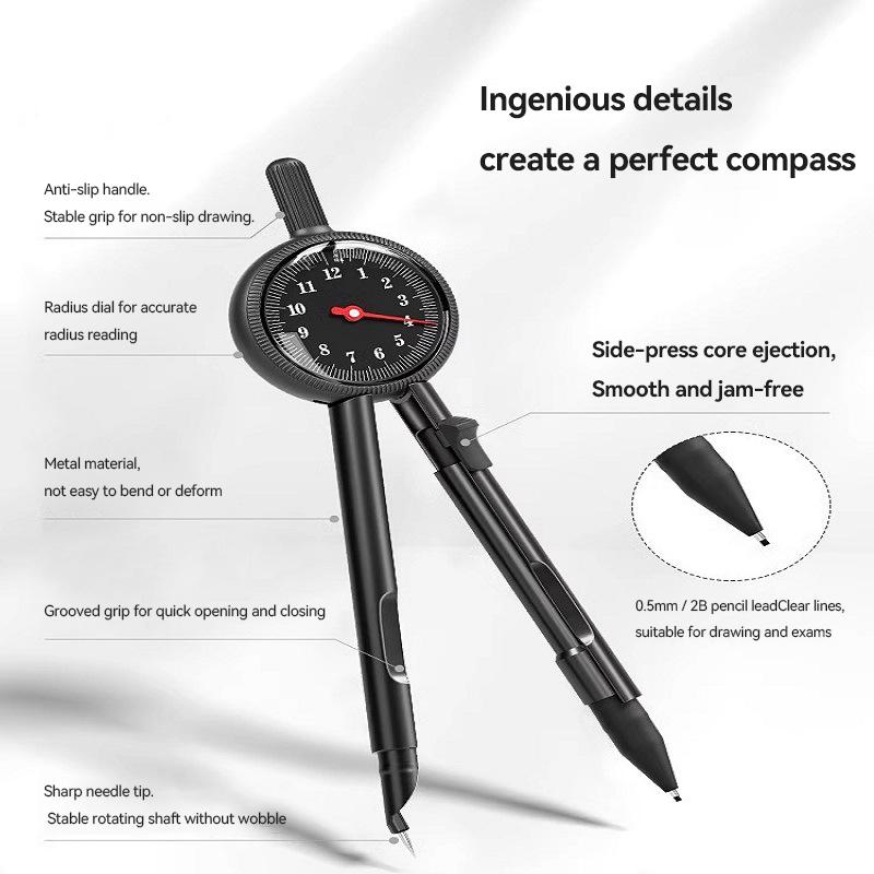 Radius Pointer Compass for Students Exam Drawing Circles 2B High-Precision Metal Ruler Compass Set Automatic Drafting Supplies