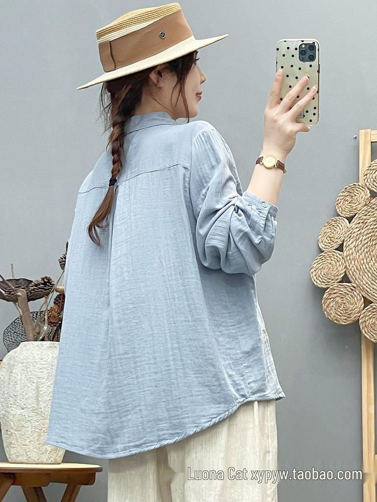 Women's Forest Style Cotton Gauze Shirt: Long Sleeve, Soft, Breathable, with Fresh Floral Embroidery