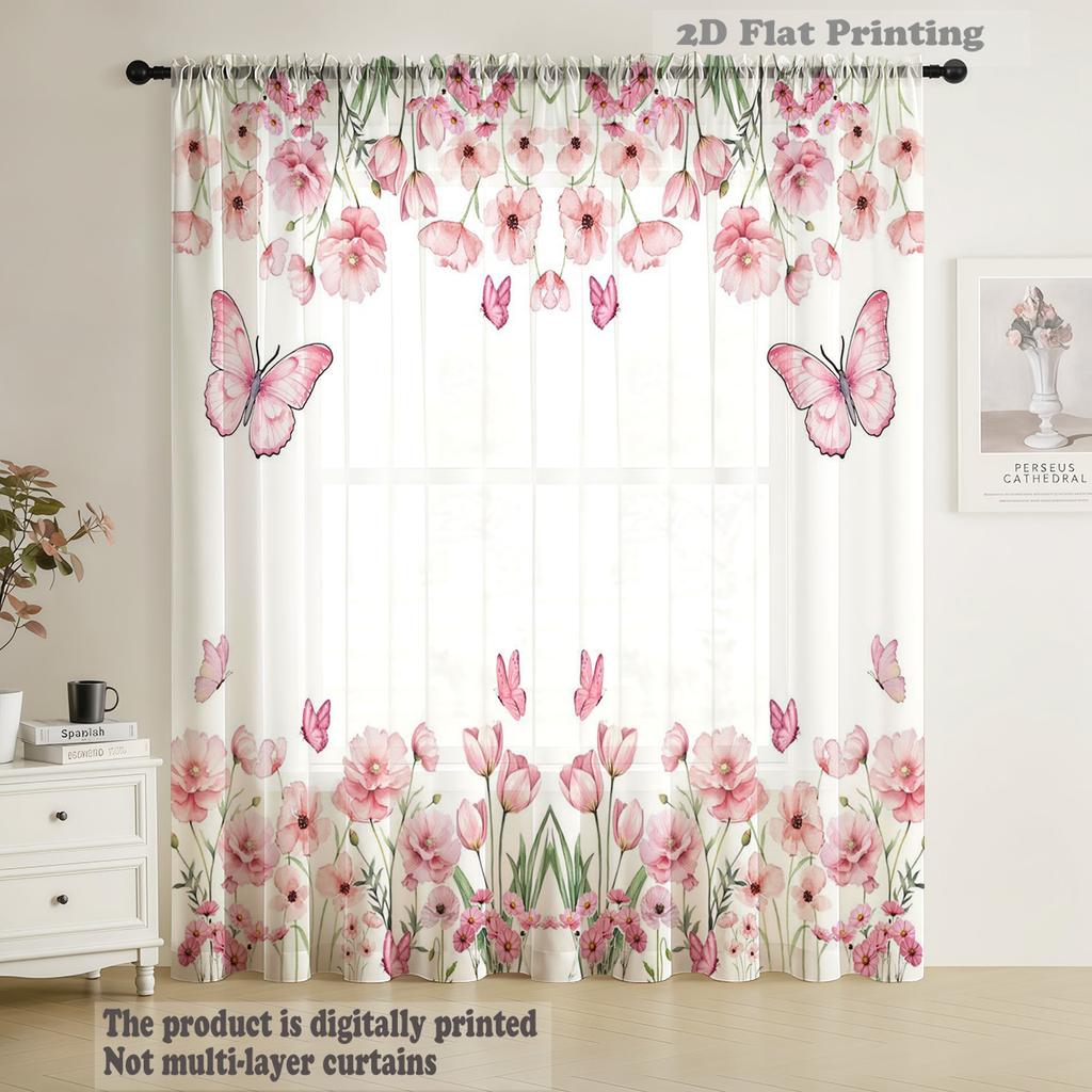 Pink Butterfly Sheer Curtain - Soft Sweet Romantic Style   Spring-Themed Decorative Sheer Curtain for Living Room and Bedroom