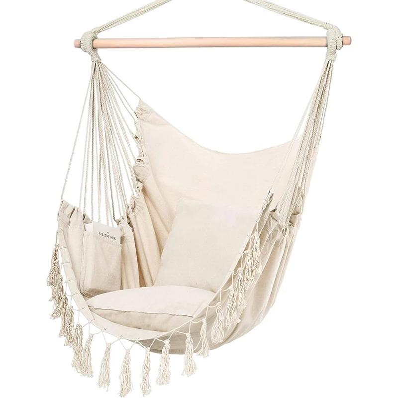 Macrame Hanging Chair with 2 Pillows | 500lb Capacity Cotton Rope Swing | Pocket Design Indoor/Outdoor Use
