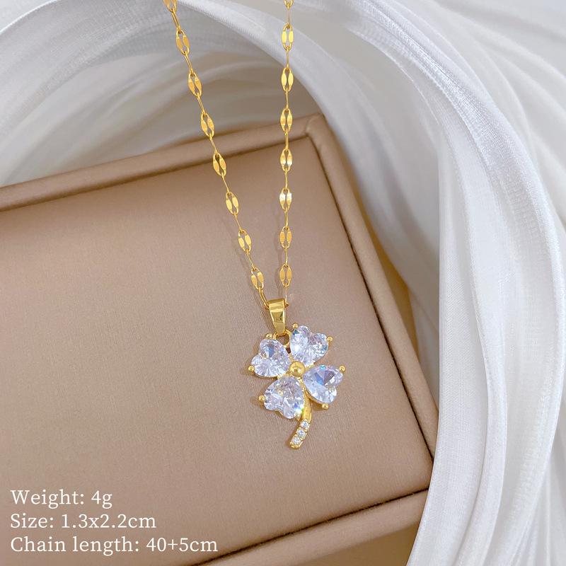 Simple Lucky Colorful Zircon Clover Pendant Necklace for Women Girls Stainless Steel Chain Jewelry Gold Color Accessories Gifts