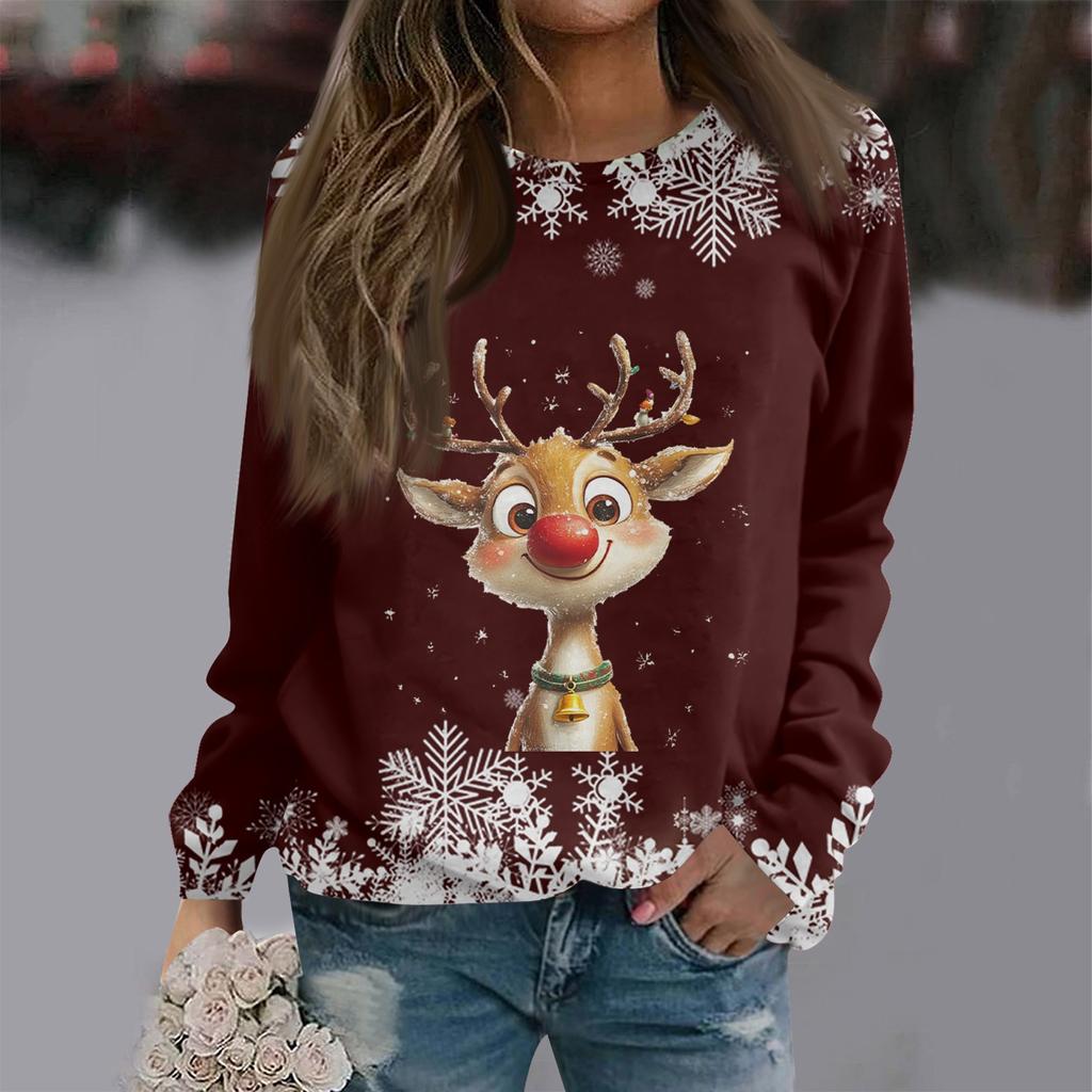 Women's Casual Fashion Print Long Sleeve O-Neck Pullover Top Blouse