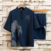 2025 Summer Chinese Style Tang Suit Men Shorts Tai Chi Uniform Retro O-Neck Short Sleeve Print Shirt Pants 2 Piece Sets