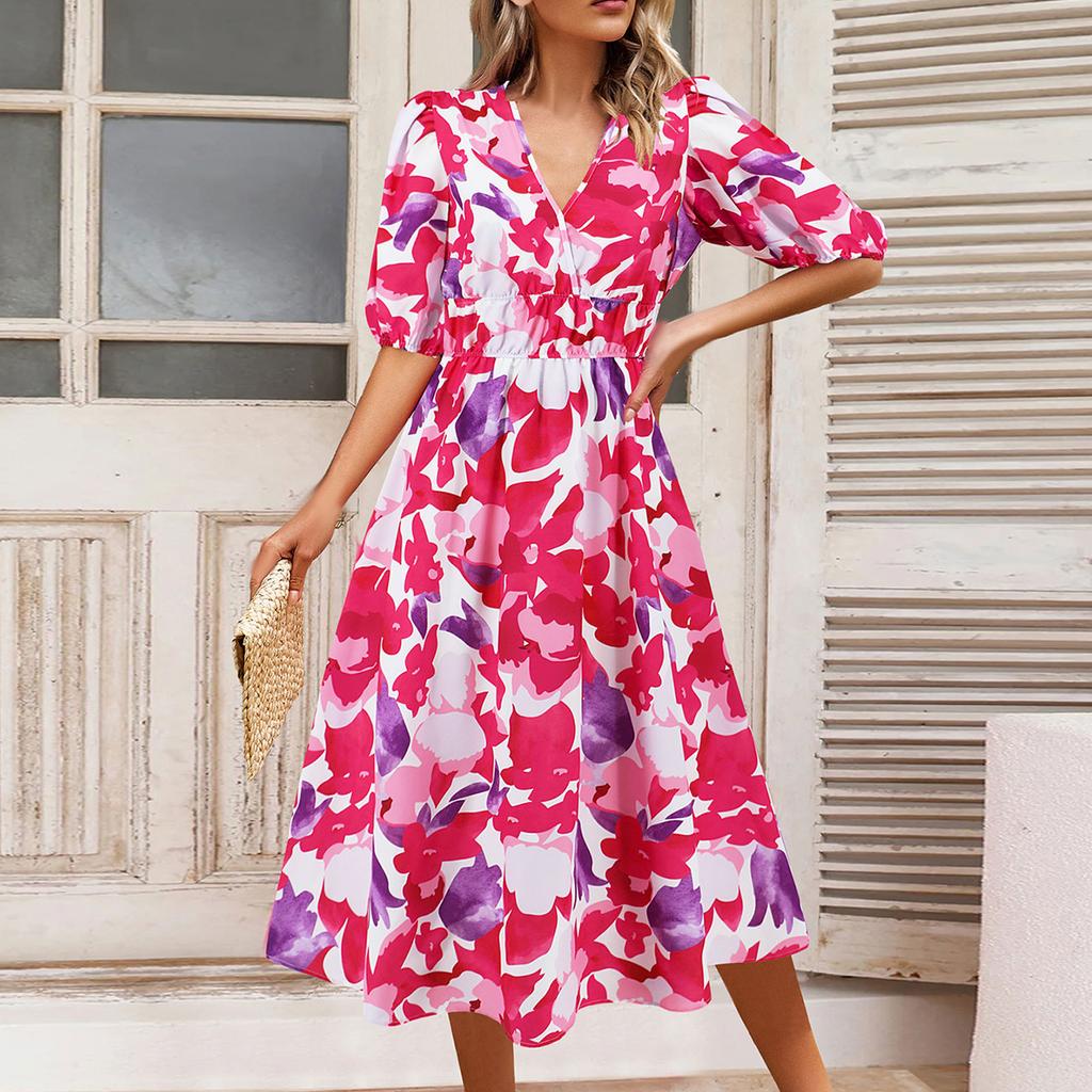 Women's V-Neck Bohemian Print Short Sleeve Dress A-Line Skirt