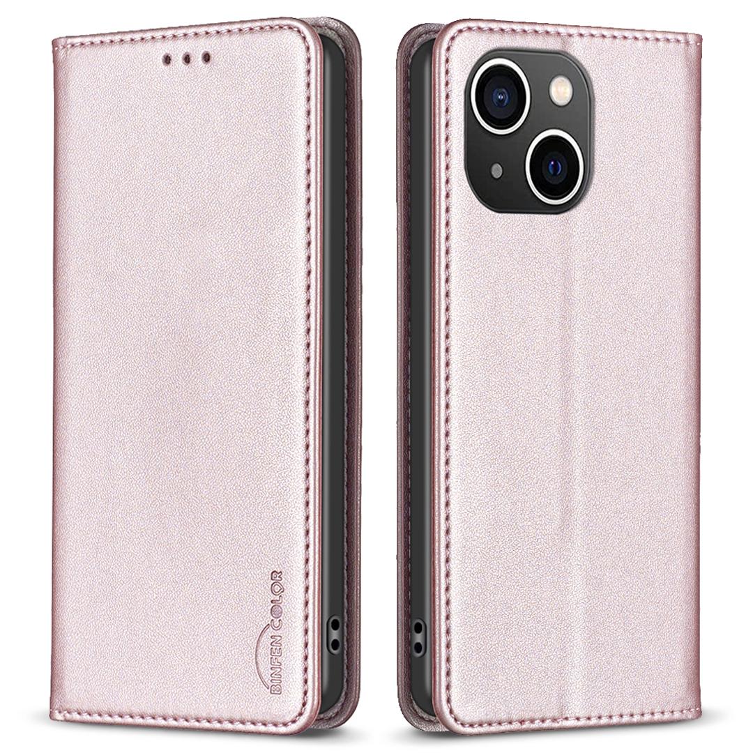 

BINFEN COLOR BF18 For iPhone 15 PU Leather Card Holder Cover Flip Stand Phone Case Rose Gold