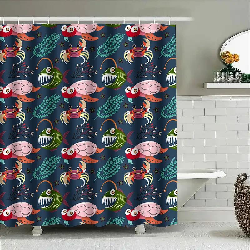 Bathing Shower Curtain Blue Background With Turtle Crab Design Waterproof Fabric Perfect For Bathroom Decor