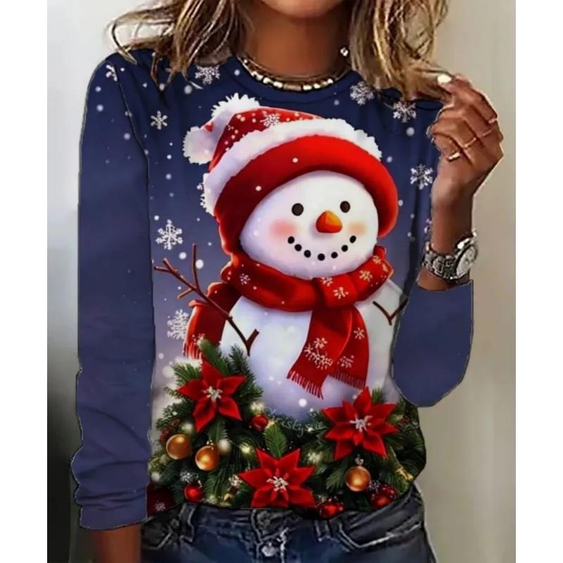 Fashion Women's Crew Neck Long Sleeve 3D Casual Color Printing Casual Long Sleeve Crew Neck T-Shirt