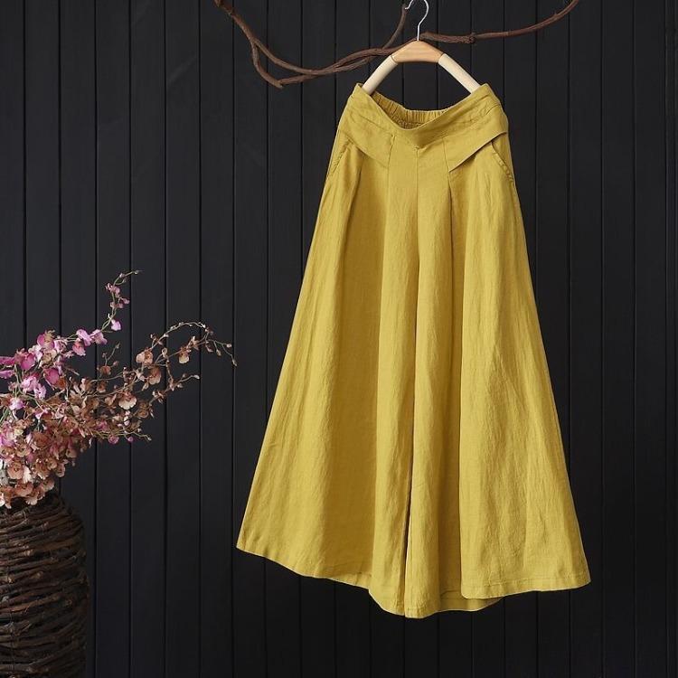 Hohe Taille Baumwolle Leinen Damen Hose Neun Punkte Weites Bein Hose Rock Marke Bule Herbst Pendeln Sle Einfarbige