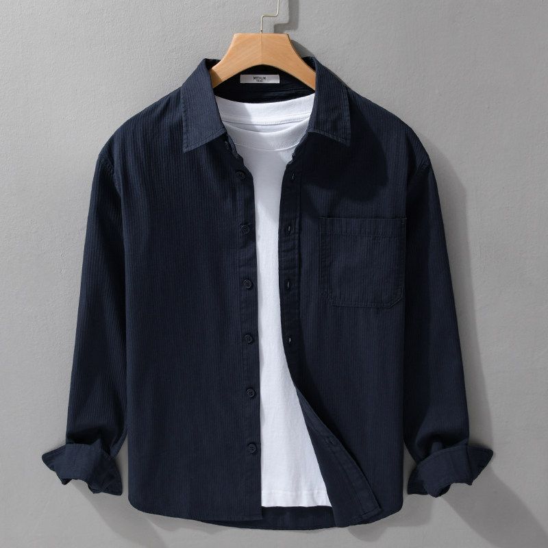 Spring and Autumn Japanese-Style Retro Dark Striped Long Sleeves Shirt Men's Simplicity Pure Cotton Loose Casual Shirt Trendy Easiest for Match