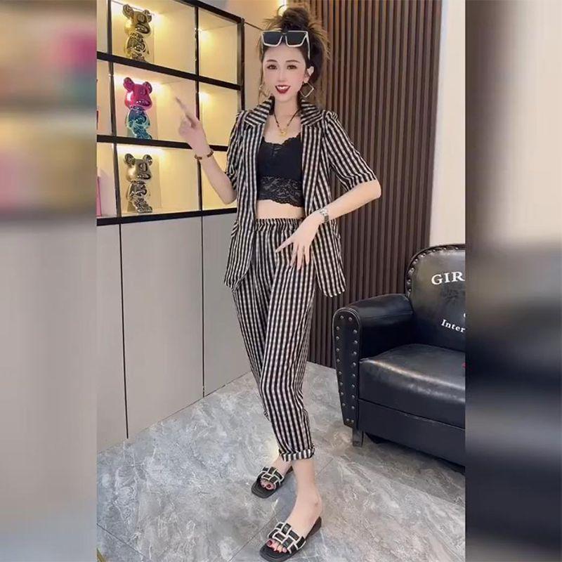 

Influencer Women s Plaid Casual Set: Summer 2025 Loose Mid-Sleeve Top & Skinny Pants Two-Piece Outfit XL for 58-63 kg
