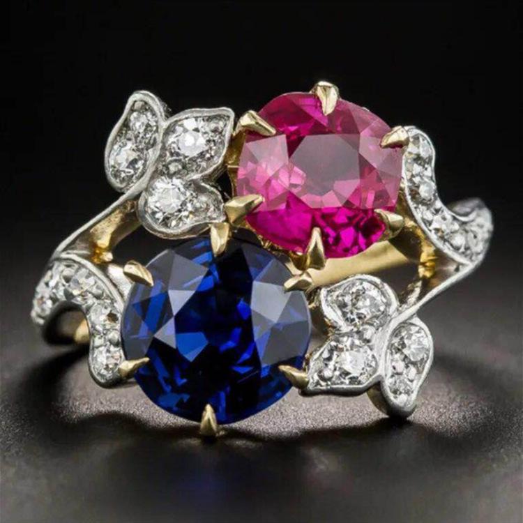 

Модное золотое двухцветное синее женское кольцо с рубином и цирконом с цветком