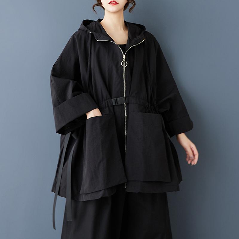 Long Sleeve Oversized Hooded Vintage Black Casual Loose Autumn Spring Trench Coat for Women Outerwear
