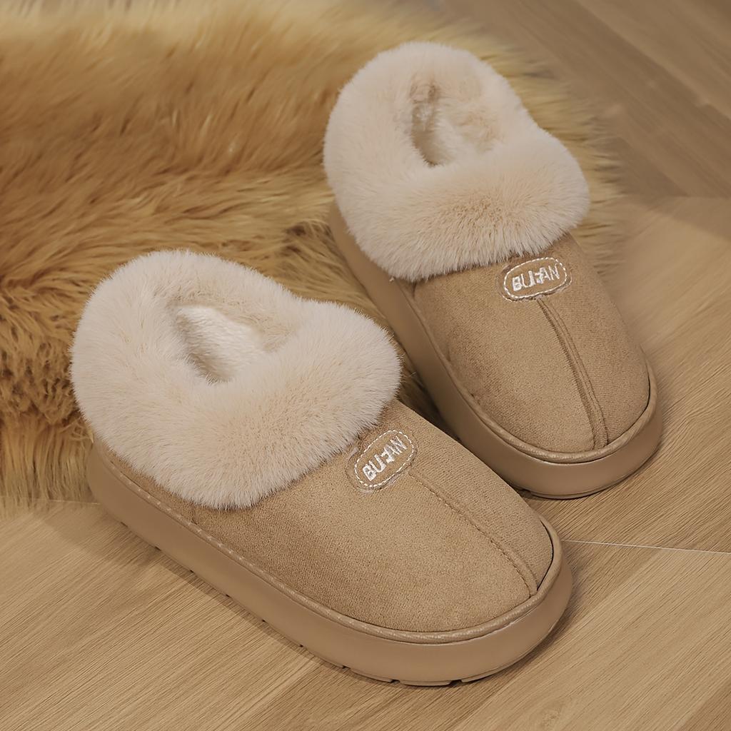 Solid Color Slip on Furry Slippers, Soft Warm Plus Fleece House Shoes with Round Toe,  Casual All-Season Slippers