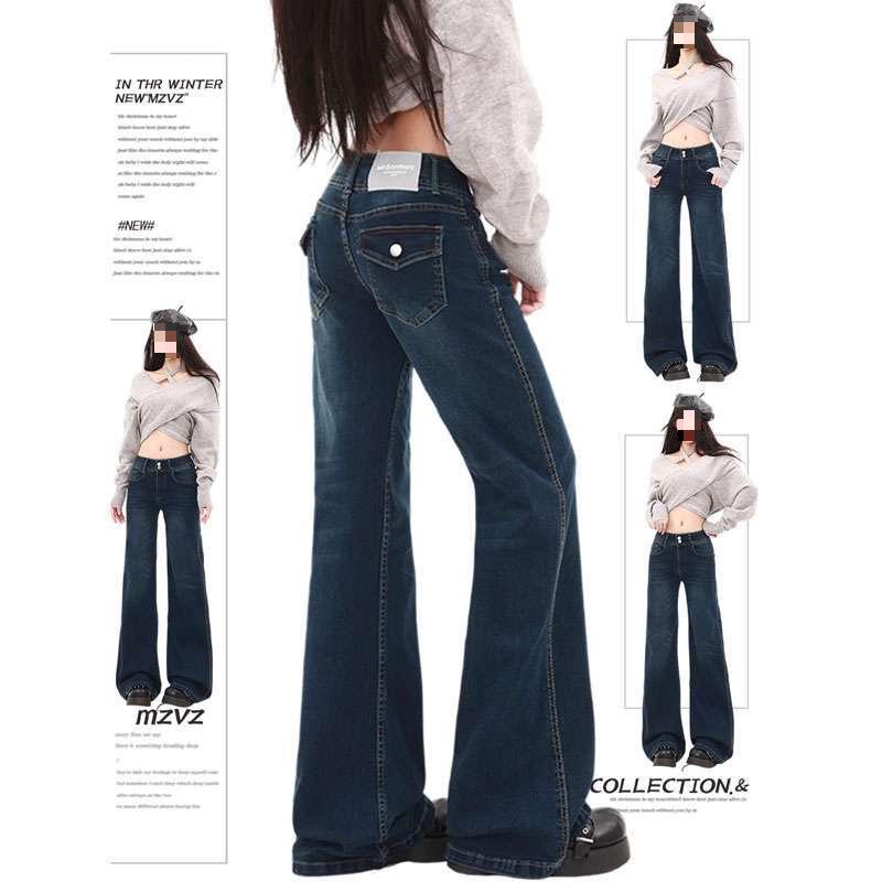 

Winter Plus Size Petite Deep Blue Micro-Flare Retro High Waist Slimming Bell Bottom Jeans for Women 4XL глубокий/синий