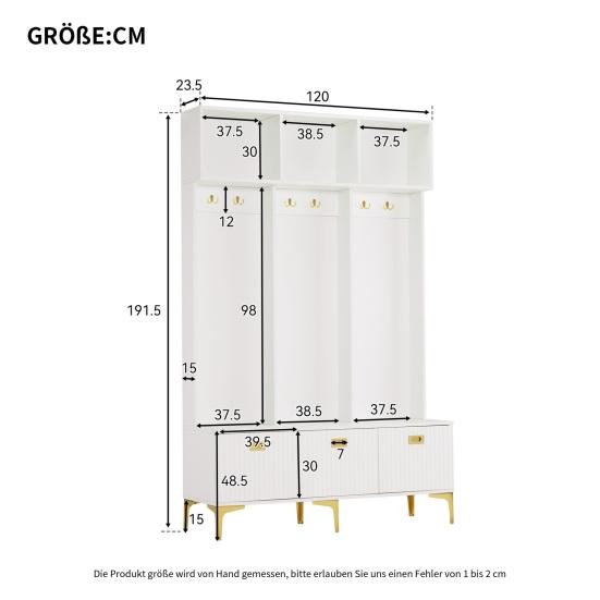 Wardrobe Set with Bench, Multifunctional Storage Bench, Open Storage, 6 Golden Hooks And Feet, Suitable for Hallway, Living Room, White