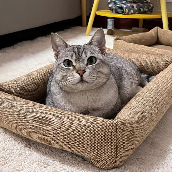 Jute Cat Bed 2-in-1 Cat Bed And Scratching Pad Breathable Pet Lounger Bed with Raised Edges Anti-Slip Bottom for Cats Small Dogs All Seasons