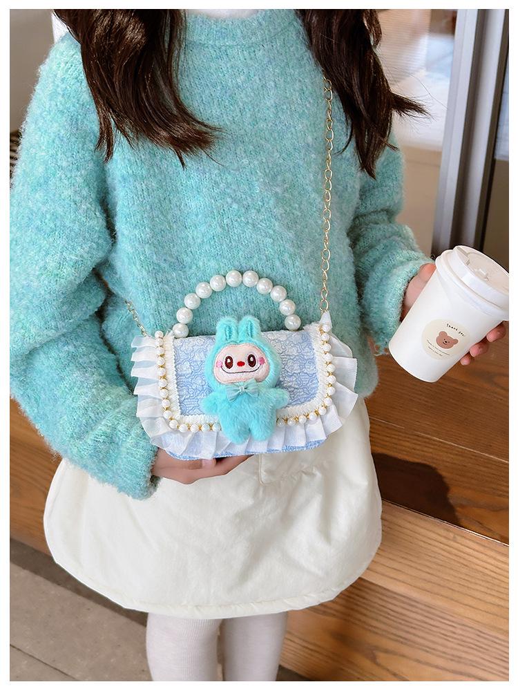 Labubu Children's Plush Lace Pearl Shoulder Bag - Crossbody Storage for Kindergarten Kids