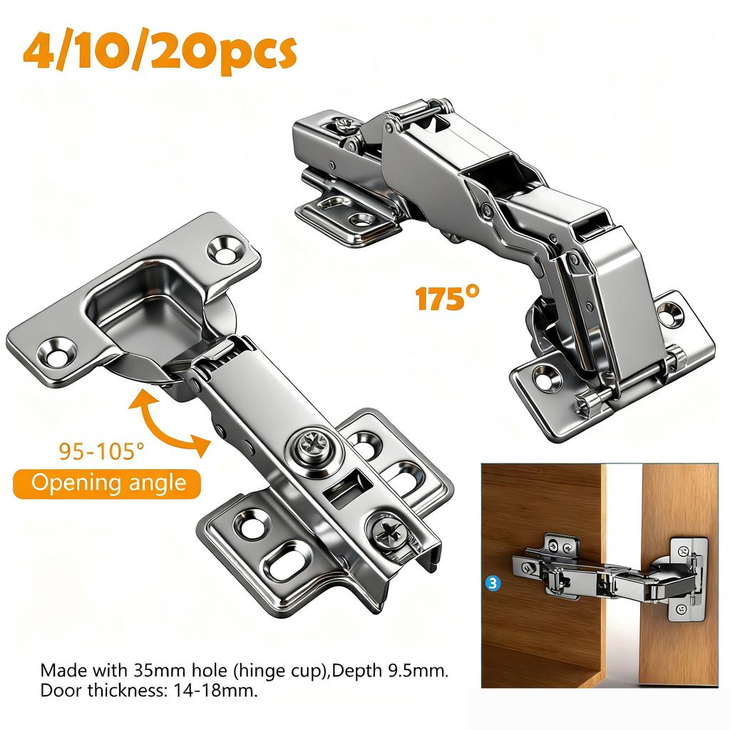 20/10/4PCS Cupboard Hinges Steel Kitchen Cabinet Wardrobe Door Hinge Self Close Full Overlay Hinge 95°-105° and 175° Opening