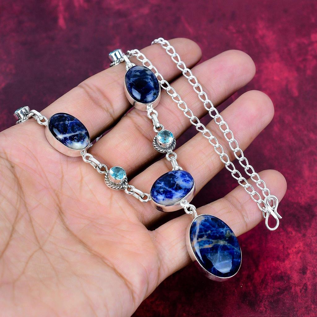 Sodalite & Blue Topaz Necklace 925 Solid Sterling Silver Adjustable Chain Necklace Gift For Women, Handmade Gemstone Jewelry Necklace