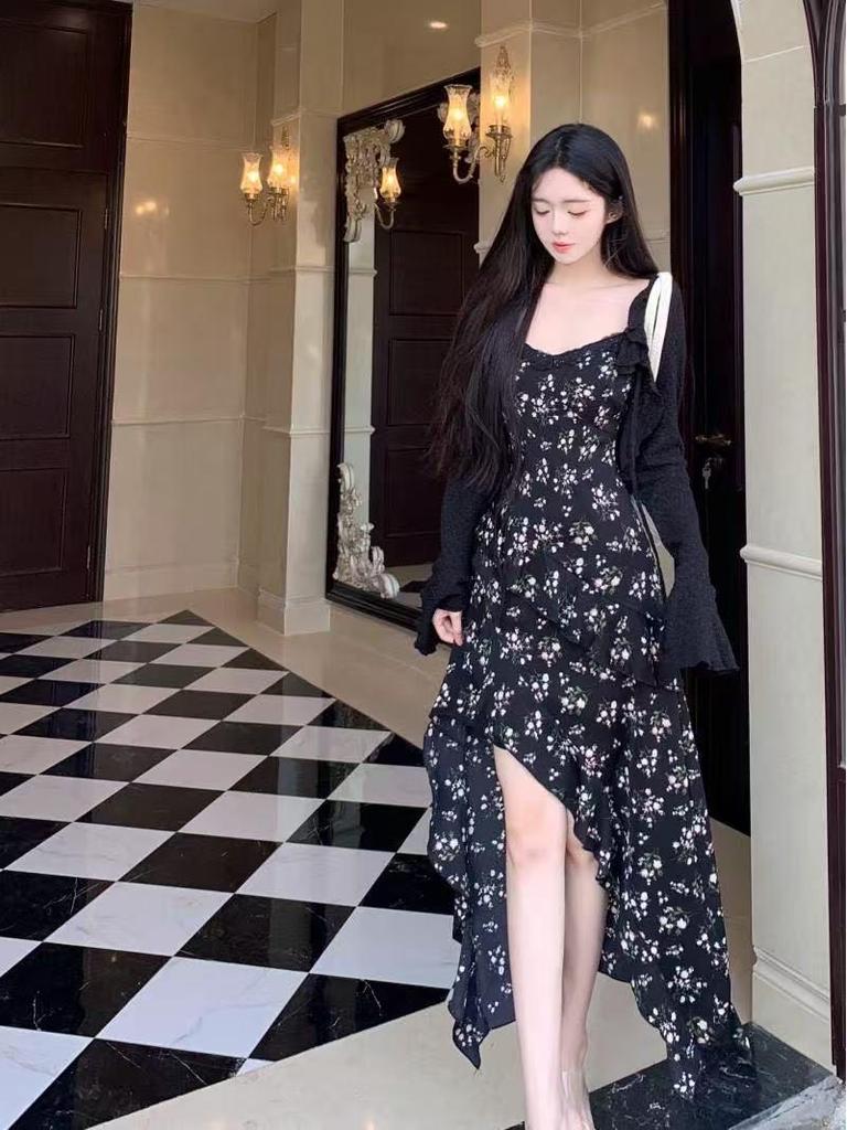 Black Floral Camisole Dress for Women - 2025 Summer Retro Mid-Length with Waist Slimming Design