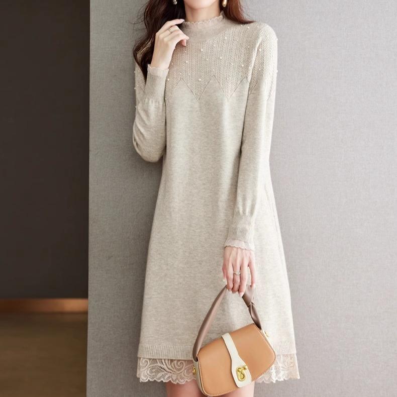 Lace Half Turtleneck Sweater Solid Color Loose Pullover for Women Casual Long-sleeved Knitted Dress for Autumn and Winter
