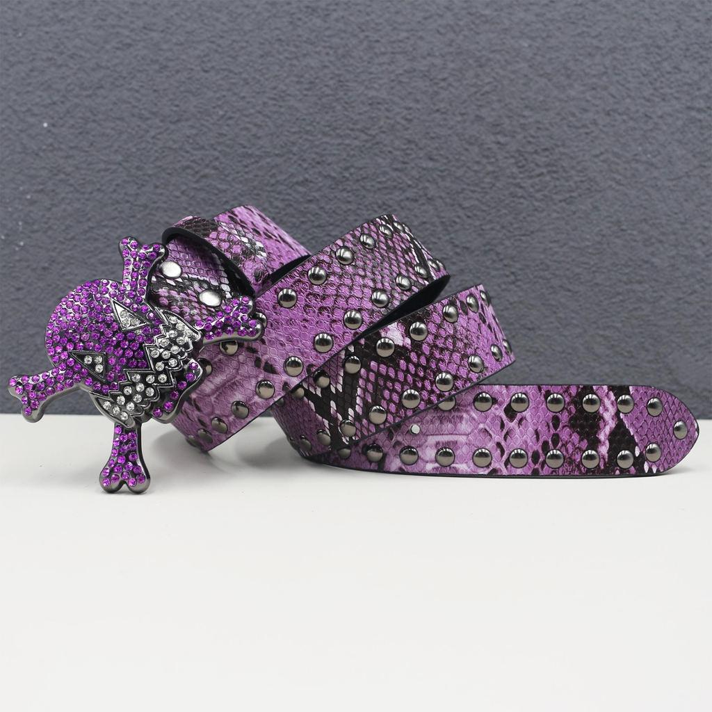 Unisex Y2K Rhinestone Skull Punk Belt with Rivet and Python Skin Design