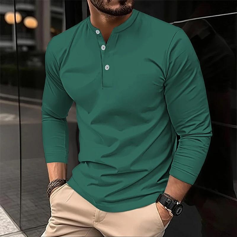 Polyester Fabric Fashionful Casual Outdoor Men's Long Sleeve 3-Button T-Shirt with Solid Color Design Basic Style Comfortable
