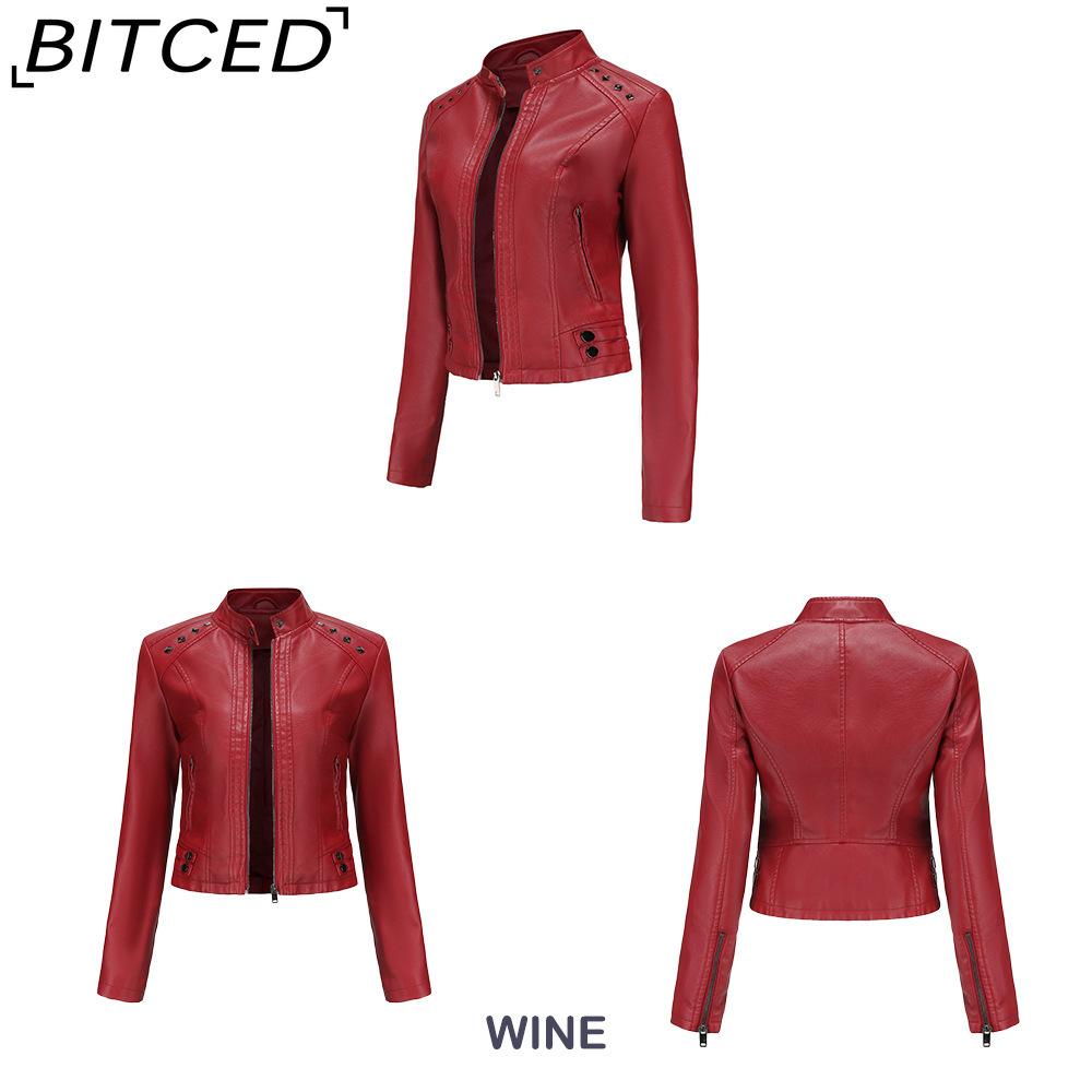 BITCED Women's Studded Leather Jacket Spring/Autumn Long-Sleeved Stand-Collar Fashion Jacket