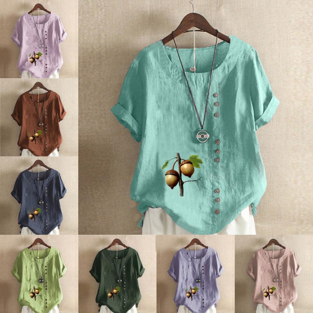 Women's New Fashion Linen Shirt Round Neck Short Sleeve Hazelnut Printed T-shirt Summer Ladies Casual Plus Size Blouse Tops