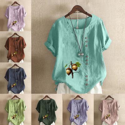 Women's New Fashion Linen Shirt Round Neck Short Sleeve Hazelnut Printed T-shirt Summer Ladies Casual Plus Size Blouse Tops