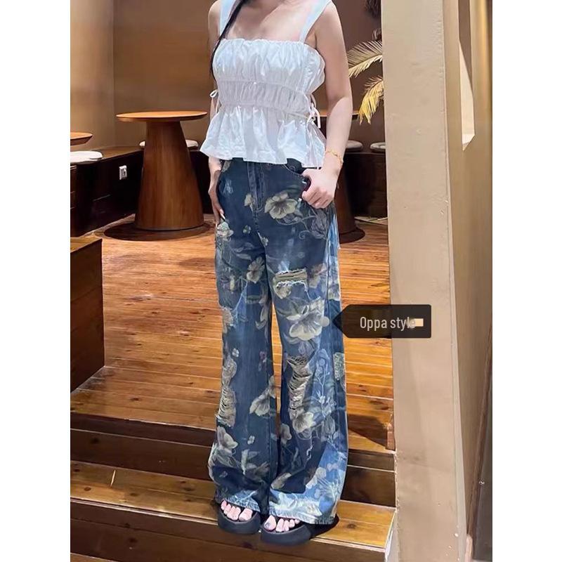 Women's High Waist Retro Print Wide Leg Jeans - Floor-Length, Trendy Loose Fit, Summer Design
