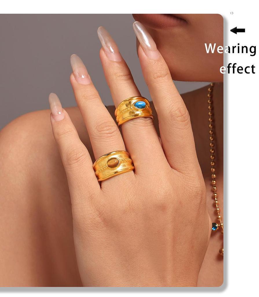 Mili Blue Turquoise Tiger Eye Stone Twist Pattern Stainless Steel Ring for Women, PVD Gold-Plated, Pinky Ring, In Stock